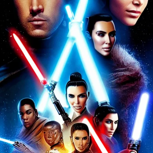 Image similar to super detailed star wars movie poster with Jesus Christ and kim kardashian, 8k full HD photo, cinematic lighting, anatomically correct, oscar award winning, action filled, correct eye placement,