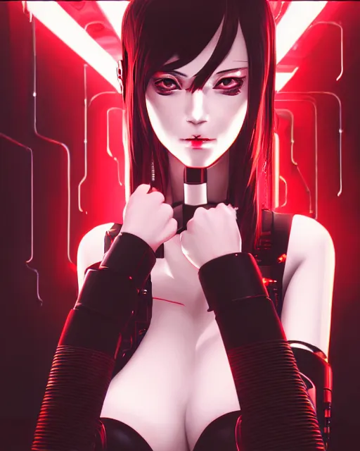 Prompt: a detailed potrait of a cyberpunk cyborg girl with black and red parts, perfect face, realistic shaded perfect face, detailed. night setting. very anime style. realistic shaded lighting poster by ilya kuvshinov katsuhiro, unreal engine, global illumination, radiant light, detailed and intricate environment, full length and white stockings