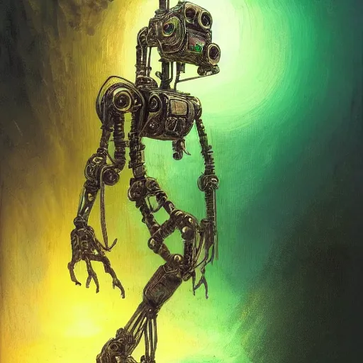 Image similar to low angle shot of a t A Robot With its head missing, gushing out oil from the hole, walking towards the viewer, neon color scheme, by Clive Barker , intricate, elegant, highly detailed, centered, digital painting, artstation, concept art, smooth, sharp focus, illustration, artgerm, Tomasz Alen Kopera, Peter Mohrbacher donato giancola, Joseph Christian Leyendecker, WLOP, Boris Vallejo.