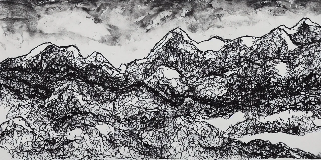 Prompt: laurentian appalachian mountains during winter, original and creative black ink landscape artwork.