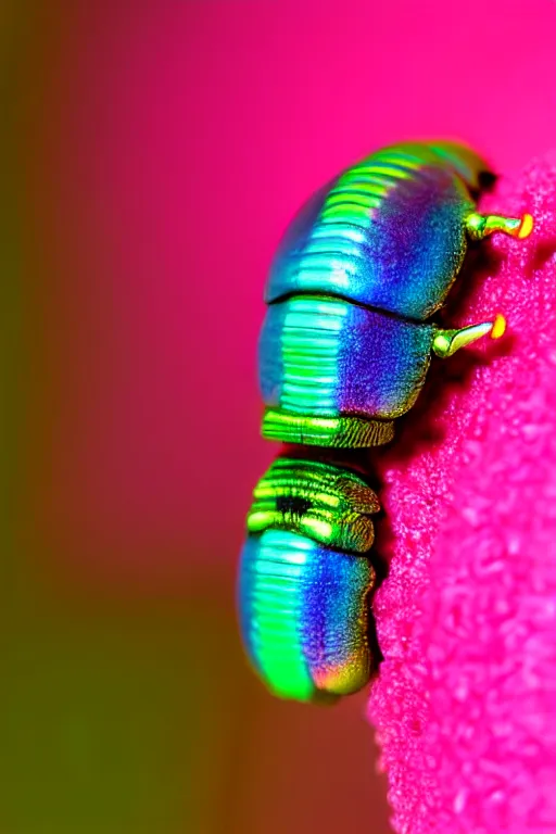 Image similar to high quality macro photo iridescent cyborg caterpillar! cute highly detailed david ligare elson peter cinematic pink lighting high quality low angle hd 8k sharp shallow depth of field