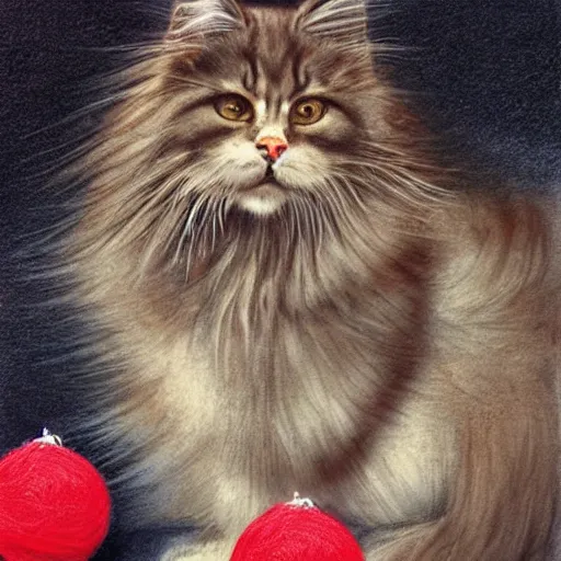 Image similar to long - haired siberian cat playing with a red yarn ball, illustration, charcoal, simon bisley