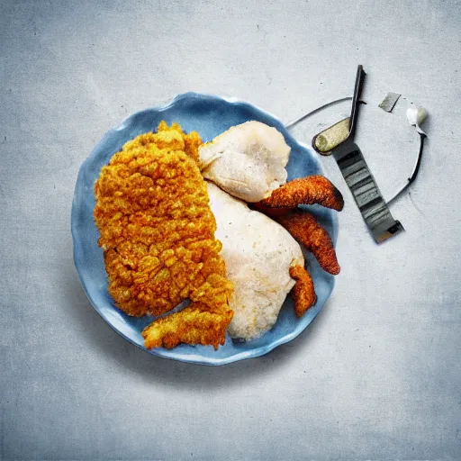 Image similar to chicken fried on a computer cpu chip plate, food, poster, orthographic, octane