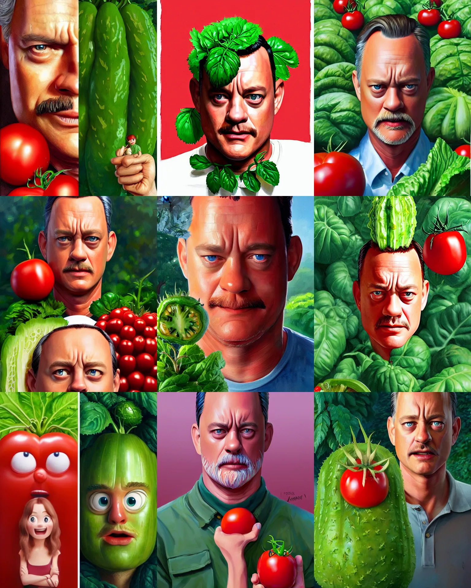 Prompt: forest gump starring tom hank sas a tomato, his skin is red with leafy green hair, pickle rick animation character, dramatic lighting, tom hanks tomato face, tomato body, shaded lighting poster by magali villeneuve, artgerm, jeremy lipkin and michael garmash, rob rey and kentaro miura style