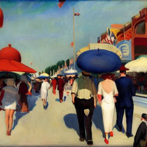 Image similar to people walking on the boardwalk on a hot summer day, 1 9 2 0 s, by john french sloan