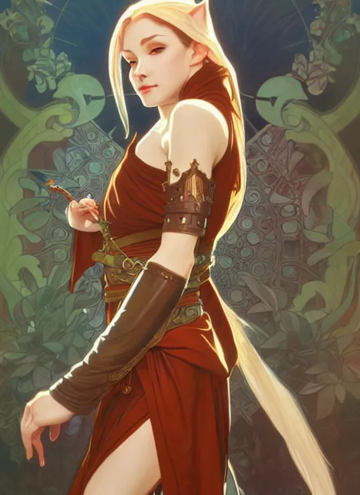 Prompt: beautiful half elf monk, female, fisting, leather longcoat, high fantasy, dnd, smooth, sharp focus, illustration, by rossdraws, alphonse mucha, frank fanzzeta