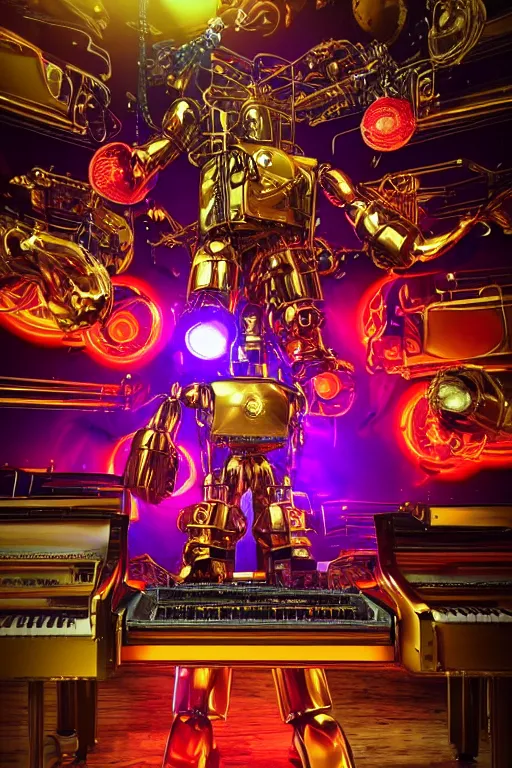 Image similar to portrait photo of a giant huge golden and blue metal humanoid steampunk robot piano player with multicolored big gears and tubes, a red piano, eyes are glowing red lightbulbs, shiny crisp finish, 3 d render, 8 k, insaneley detailed, fluorescent colors, background is multicolored lasershow