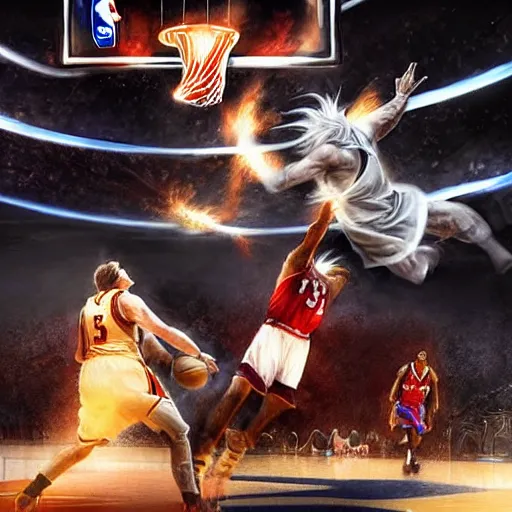 Image similar to gandalf posterizing an orc in the paint with an overpowering dunk, explosive energy, magical, camera flash