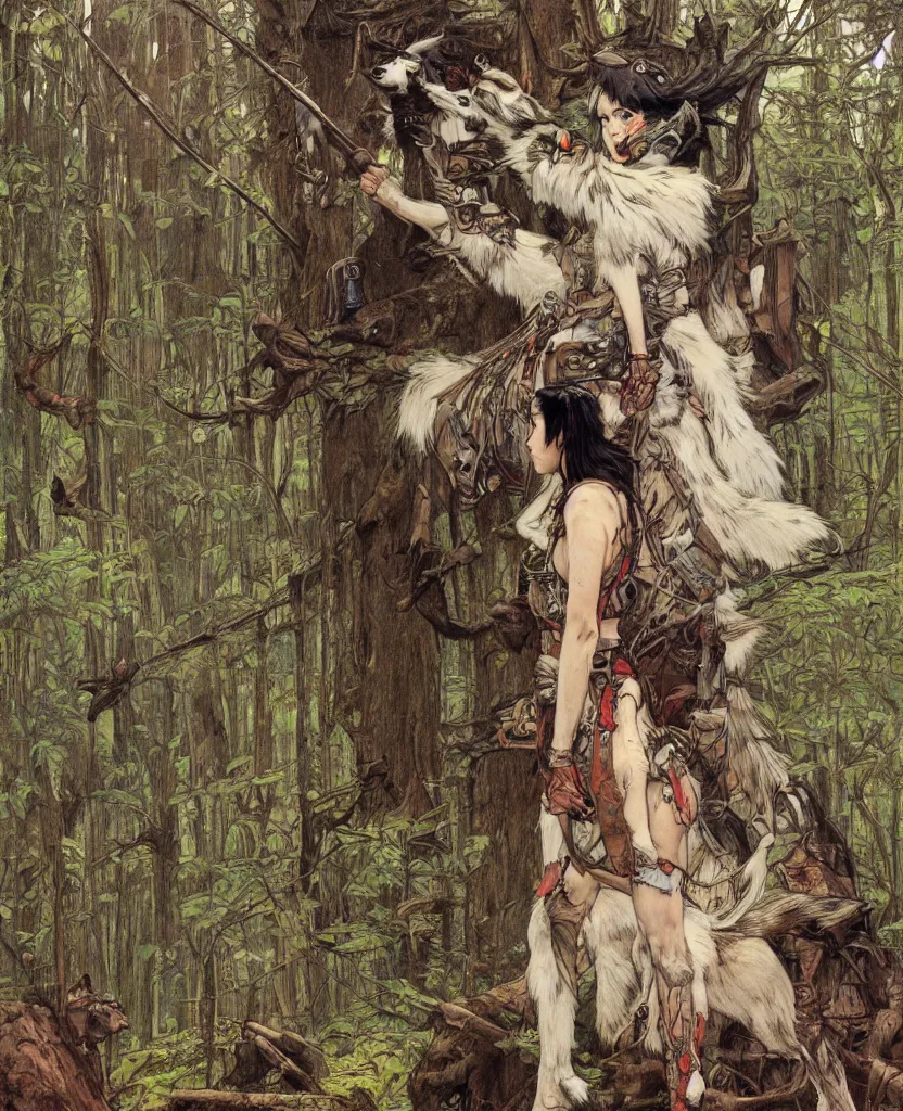 Image similar to portrait of Princess Mononoke, wolves, fully clothed in armor, lush forest, neon, concept art, schematics, painted by norman rockwell, mucha, james gurney, high detail, denoised, sharp, architectural