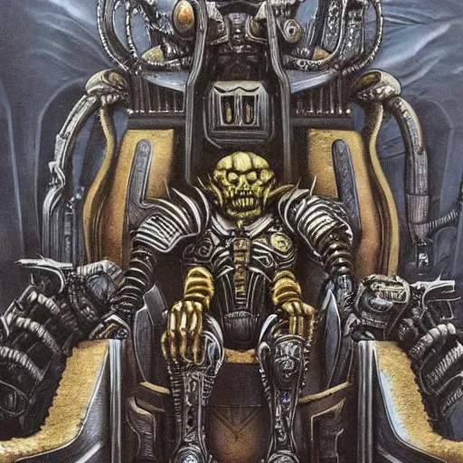 Image similar to Illustration by H.R Giger of The Emperor on his Golden Throne in a body horror style. Warhammer 40k