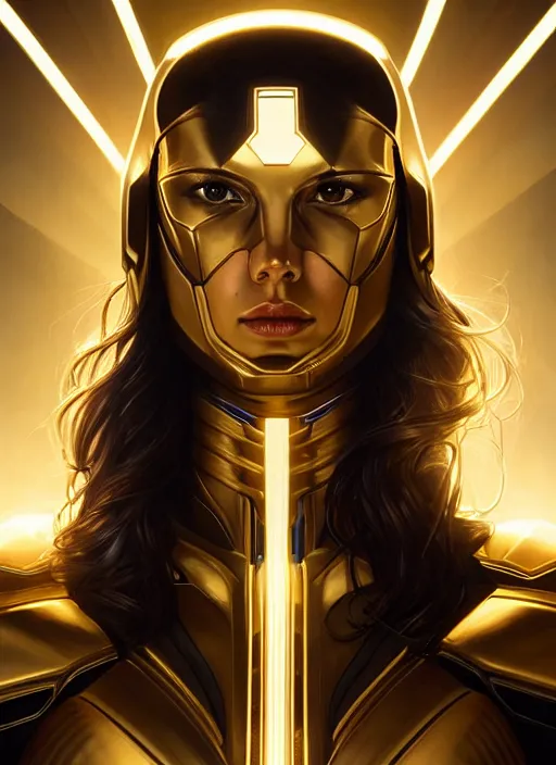 Image similar to symmetry!! portrait of gal gadot, gold sci - fi armour, tech wear, glowing lights!! sci - fi, intricate, elegant, highly detailed, digital painting, artstation, concept art, smooth, sharp focus, illustration, art by artgerm and greg rutkowski and alphonse mucha