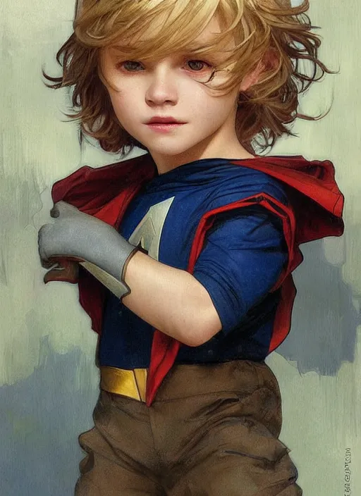 Image similar to a little boy with a mischievous face and short straight blonde hair. he is dressed as a superhero. clean elegant painting, beautiful detailed face. by artgerm and greg rutkowski and alphonse mucha