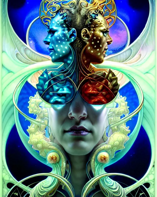 Image similar to a portrait of gemini water and fire fantasy character portrait made of fractals facing each other, art nouveau accents, ultra realistic, wide angle, intricate details, the fifth element artifacts, highly detailed by peter mohrbacher, hajime sorayama, wayne barlowe, boris vallejo, aaron horkey, gaston bussiere, craig mullins