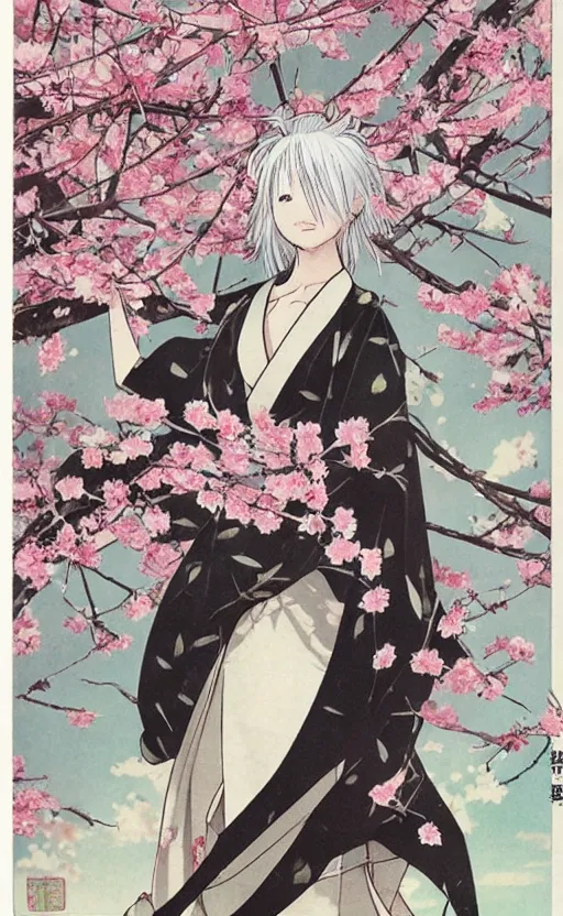 Image similar to by akio watanabe, manga art, realistic anatomy, a girl with white hair and blossoming sakura petals, trading card front, kimono, sun in the background