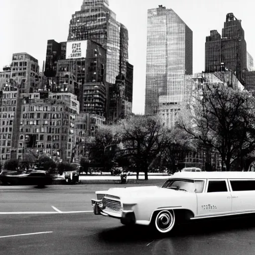 Image similar to stock photo of a sixties limousine driving in new york, by getty images