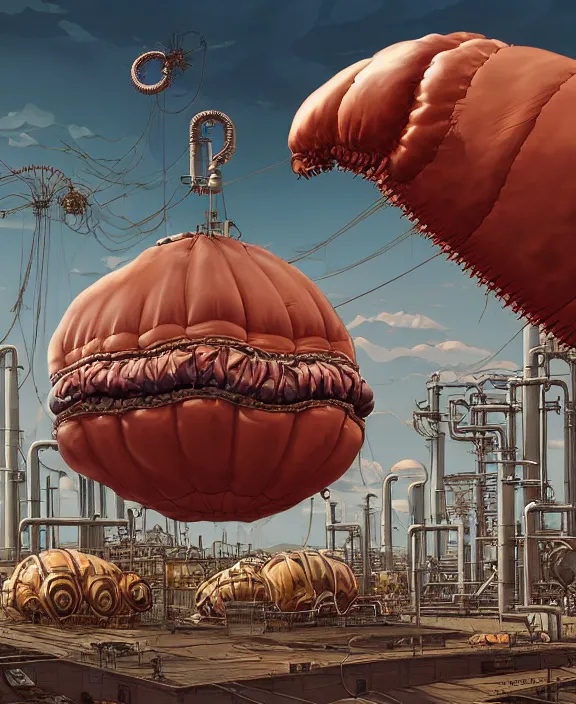 Prompt: inflated industrial plant made from obese isopod mollusk octopus, in the style of puffy spaceship, skeletons, bones, partly cloudy, spooky, dramatic lighting, by geof darrow, bill sienkiewicz, dan mumford, yusuke murata, makoto shinkai, ross tran, cinematic, unreal engine, cel shaded, featured on artstation, pixiv