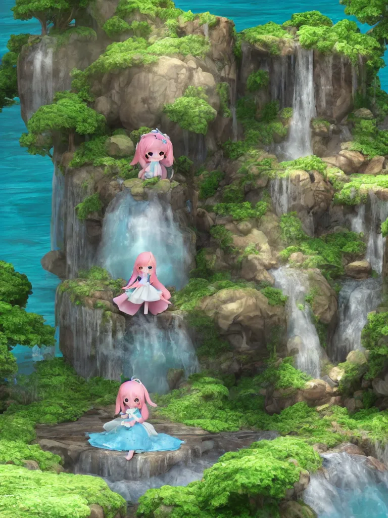 Image similar to cute fumo plush of a princess girl in a tower on a tiny island with a long flowing waterfall, floating island, vignette, vray