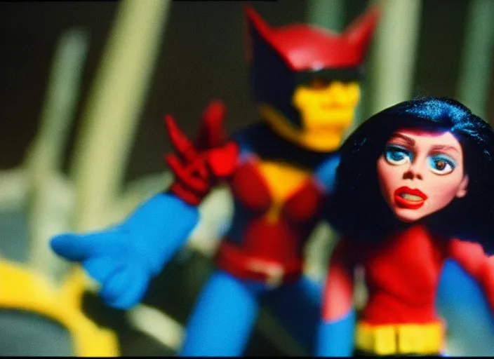 Image similar to 1 9 8 0 s cinematic screenshot cinestill portrait of a stop motion claymation film starring the xmen, shallow depth of field, 1 8 mm, f 1. 8