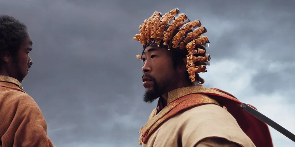 Image similar to a film still of a light skinned black man starring as an ancient samurai in a japanese blockbuster film, in a realm of fire, shallow depth of field, cinematic, award winning cgi, vfx, film still