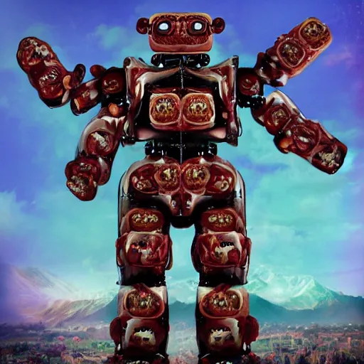 Image similar to panoramic vision of giant humanoid robot demon zombie overlord with gummie bears