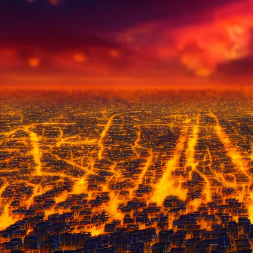 Prompt: a city in flames, yellow sky, 8k resolution