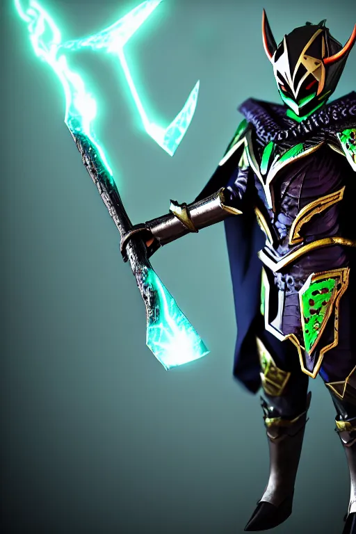 Image similar to High Fantasy Kamen Rider with a flowing cape, single character full body, 4k, rock quarry location, daytime, glowing eyes, rubber suit, dark blue segmented armor, fantasy inspired segmented dragon armor, ultra realistic, high quality, cinematic, centered, cinematography