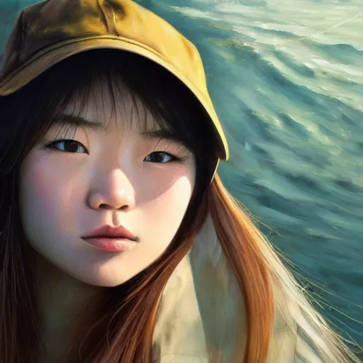 Image similar to oil painting by ilya kuvshinov, ross draws, artgerm, akira toriyama, eiichiro oda, of a youthful japanese girl, long hair, fishing and wearing fisherman's outfit, fisherman's hat, highly detailed, breathtaking face, studio photography, noon, intense bounced light, water reflection, large tree casting shadow, serine intense sunlight