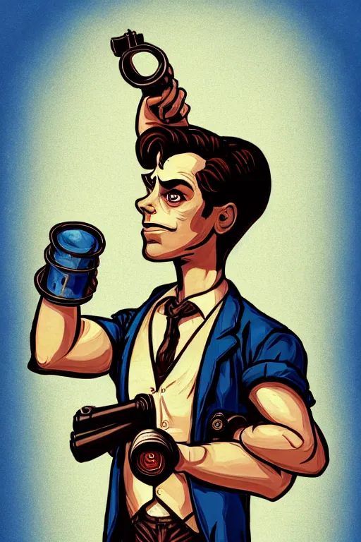 Prompt: handsome guy but lazy, with singlet tshirt and towel on shoulder. bioshock infinite art style, gta chinatown wars art style, pop art, proportional, digital arts, artstation, concept arts, smooth, sharp focus, illustration, intricate, hyperdetails, art by banksy and mimmo rottela, pixels art by paul robertson