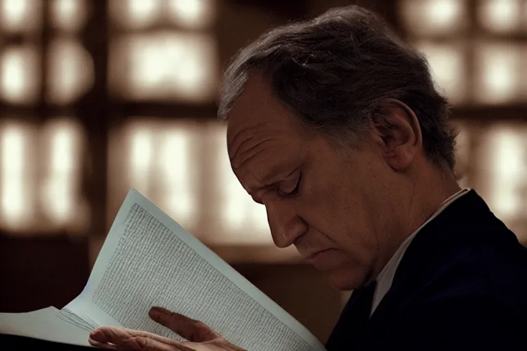 Image similar to a cinematic headshot portrait of an doctor reading his notes, moody lighting, movie still, shallow depth of field, muted colors, by werner herzog