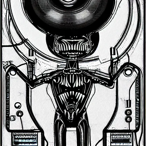 Prompt: an alien djing with a turntable in the style of HR giger. photo realistic. mechanical. futuristic. SL-1200. vinyl records