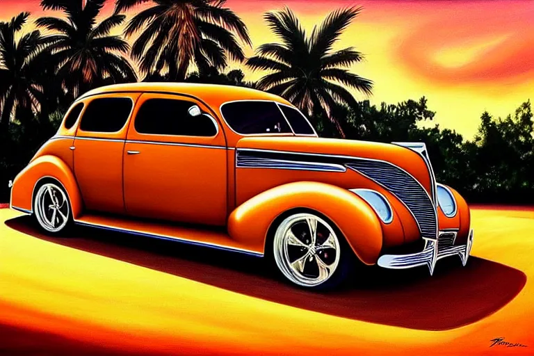 Prompt: beautiful painting, 1 9 3 7 pontiac sedan, two tone, tan with dark brown fenders, palm trees, sunset, dramatic lighting