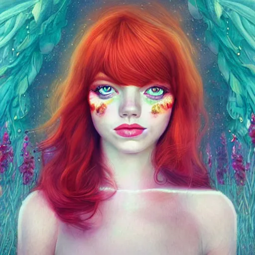 Image similar to aesthetic! angelic! redhead emma stone portrait by Anna Dittmann and Harumi Hironaka and Filip Hodas, flowers, magical, artsy, impressionism