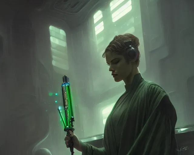 Image similar to photography of cade skywalker, deep focus, science fiction, star wars legends, green mist, intricate, elegant, highly detailed, digital painting, artstation, concept art, matte, sharp focus, illustration, art by artgerm and greg rutkowski and alphonse mucha