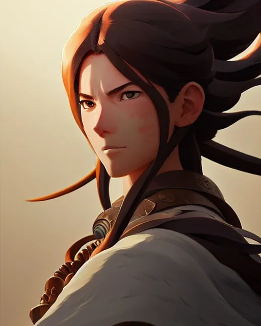 Image similar to azctec warrior, julia fox, detailed perfect face, exquisite details, fire magic, mid view, design on a white background, by studio muti, greg rutkowski makoto shinkai takashi takeuchi studio ghibli