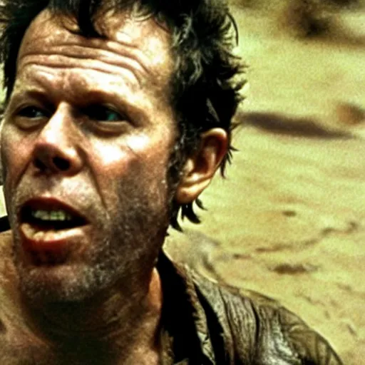 Prompt: A still of Tom Waits in Apocalypse Now, award winning