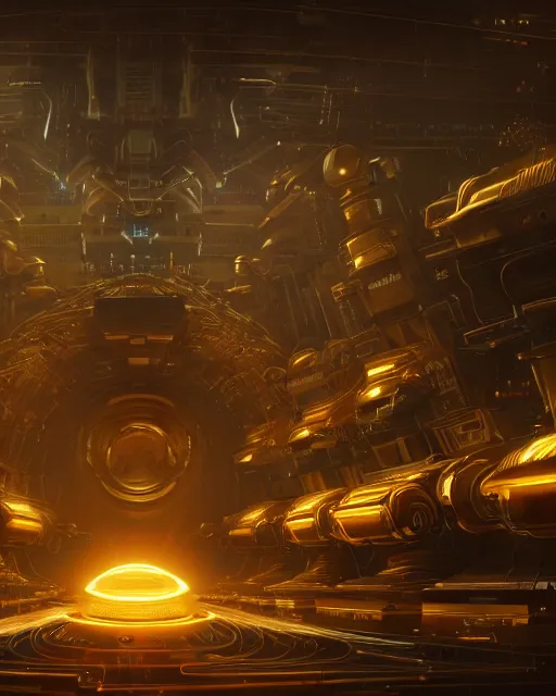 Image similar to cult of technology, exterior of scifi temple, machines, robots, ultra realistic, golden computers, highly detailed, atmosphere, masterpiece, epic lighting, glowing wires, transparent objects, mysterious, highlighted, 4 k, cinematic, art by patryk olkiewicz and chris ostrowski and liang yao