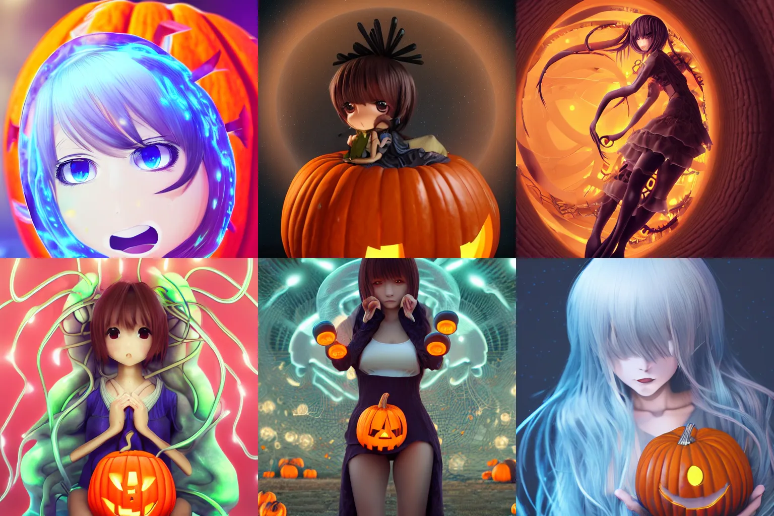 Prompt: intricate anime girl wearing a pumpkin artwork jellyfish bio-mechanical bio-luminescence, octane render, trending on artstation, hyper realism, 8k, fractals, patterns