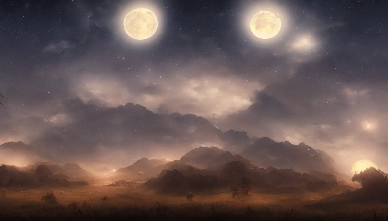 Image similar to a beautiful landscape at dusk, big moon and stars in the sky, matte painting, concept art, 4k