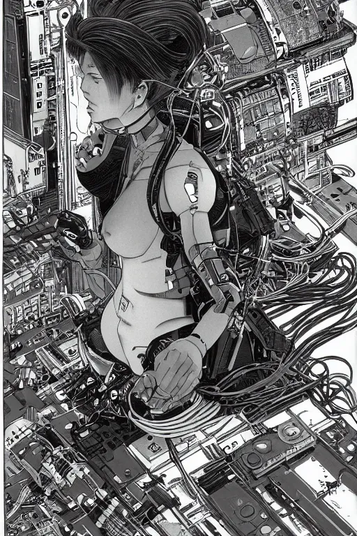 Prompt: an hyper-detailed cyberpunk illustration of a female android seated on the floors in a tech labor, seen from the side with her body open showing cables and wires coming out, by masamune shirow, and katsuhiro otomo, japan, 1980s, centered, colorful