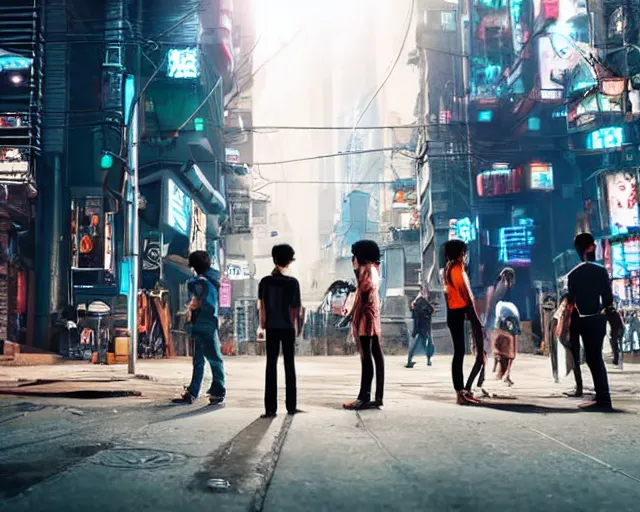 Prompt: group of people standing on a street corner in a cyberpunk city