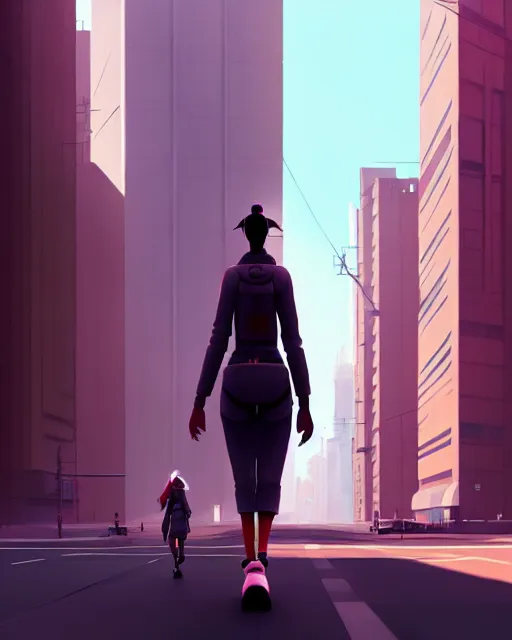 Image similar to a woman walking down a street next to tall buildings, cyberpunk art by goro fujita, cgsociety, photorealism, speedpainting, artstation hq, artstation hd