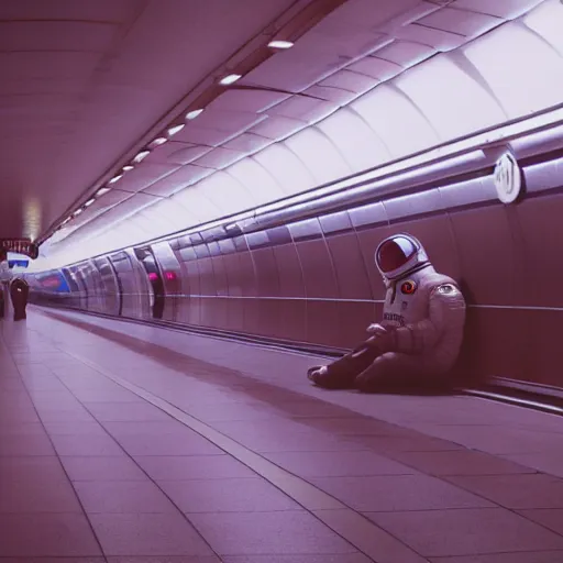 Image similar to a beautiful photo of an astronaut waiting in a subway station, 1970', soft light, morning light, photorealistic, realistic, octane, 8k, cinematic shot