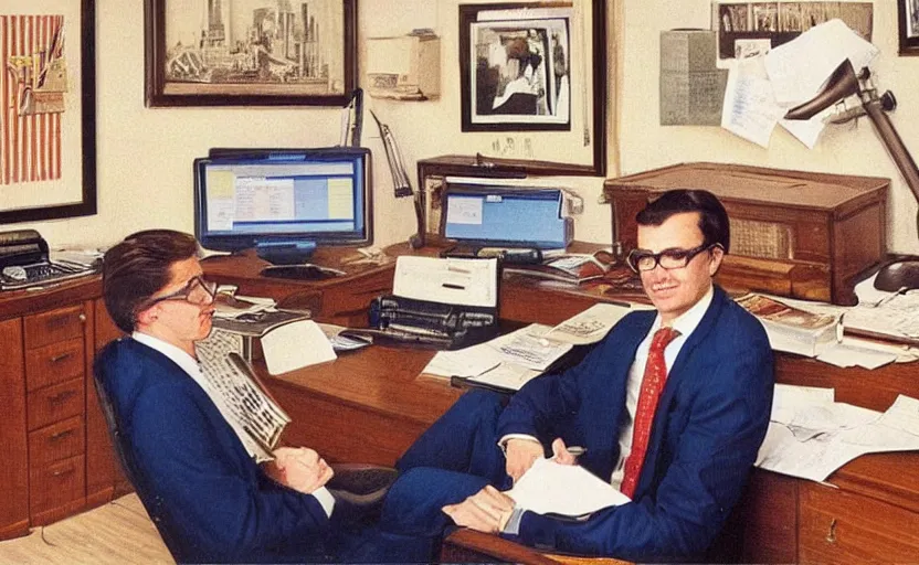 Image similar to photorealistic picture of wall street banker in his office. 8 0's style
