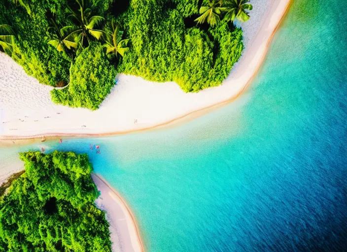 Image similar to aerial view of a beautiful beach with tropical trees, sunny day, cinematic, beautiful light, photo realistic