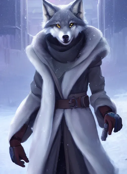 Prompt: beautiful portrait of a female anthro wolf fursona wearing jedi robes in a snow cyberpunk city. character design by charlie bowater, ross tran, artgerm, and makoto shinkai, detailed, soft lighting, rendered in octane