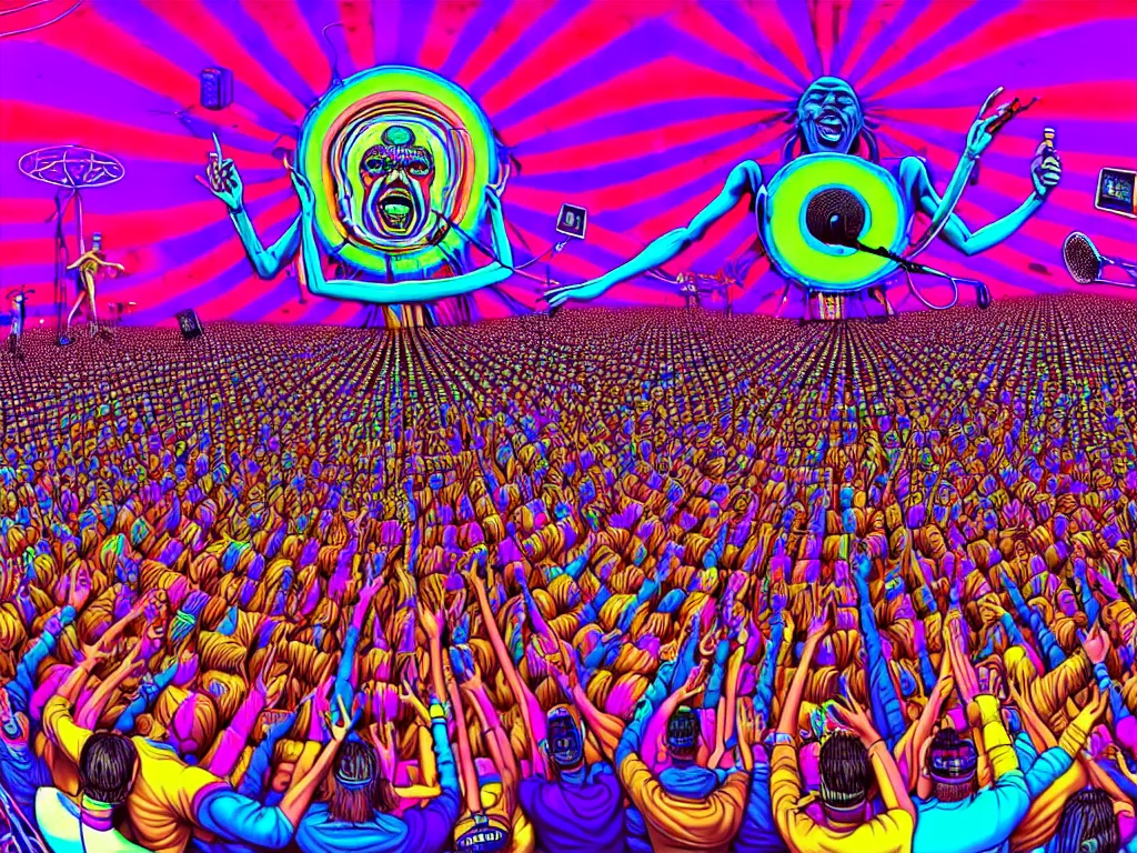 Image similar to rapping on stage at festival, holding microphone, giant crowd, epic angle, happy, psychedelic, hip hop, surreal, neon, vaporwave, detailed, illustrated by Alex Grey, 4k