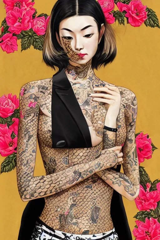 Image similar to yakuza slim girl, gold suit jacket in snake print, jacket over bare torso, yakuza tattoo Irezumi on body, black short curtain haircut, black leather pants with black belt, portrait, beautiful face, elegant, 2d, ultra highly detailed, digital painting, smooth, sharp focus, artstation, art by Ilya Kuvshinov, rossdraws