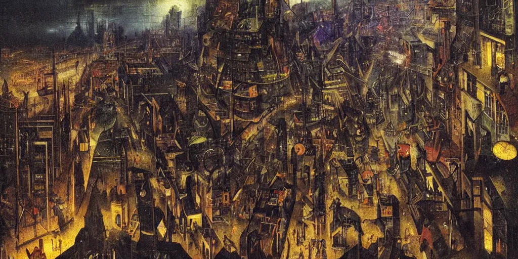 Prompt: view of a crowded cyberpunk city at night painted by hieronymus bosch, highly detailed, intricate, cyberpunk, colourful, night time, art by hieronymus bosch