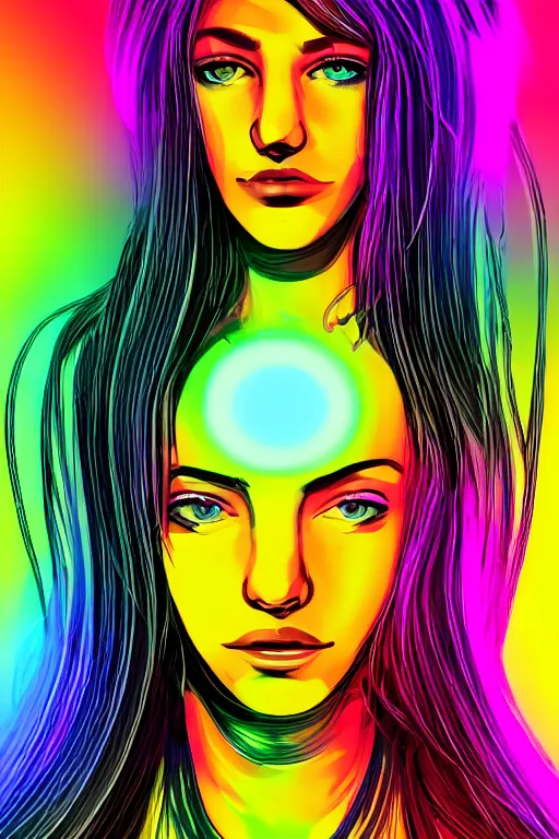 Image similar to a award winning half body portrait of a beautiful woman with stunning eyes in a croptop and cargo pants with rainbow colored hair, routlined by whirling illuminated neon lines, fine rainbow colored lines swirling in circles, outrun, vaporware, shaded flat illustration, halftone, digital art, trending on artstation, highly detailed, fine detail, intricate