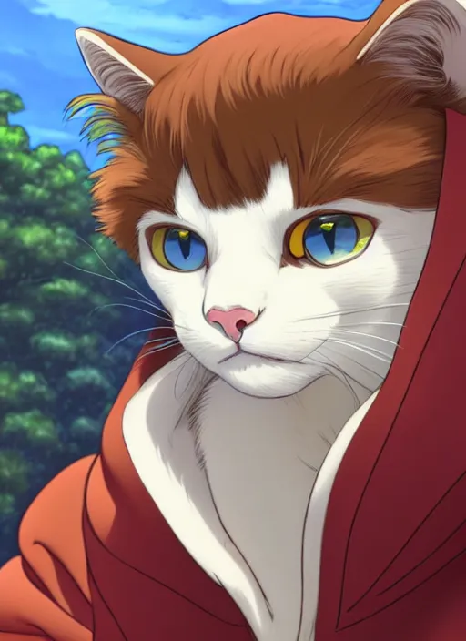 Image similar to teen boy with brown hair and big blue eyes, wearing a hoodie, fluffy white cat, natural lighting, path traced, highly detailed, high quality, cartoon, digital painting, by don bluth and ross tran and studio ghibli and alphonse mucha